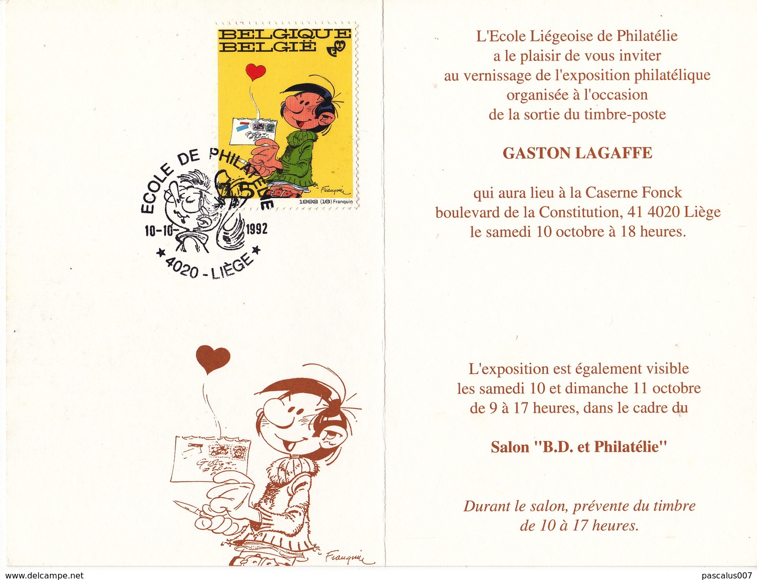 B01-017-1 2484  BD Salon Exposition Carte Souvenir FDC   Rare Guust Flater Gaston Lagaffe Franquin 10-10-1992 4020 Liège - 1991-2000