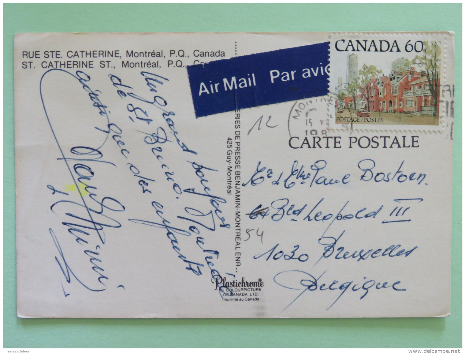 Canada 1982 Postcard ""Rue Ste. Catherine Montreal"" To Belgium - Old Cars - Lettres & Documents