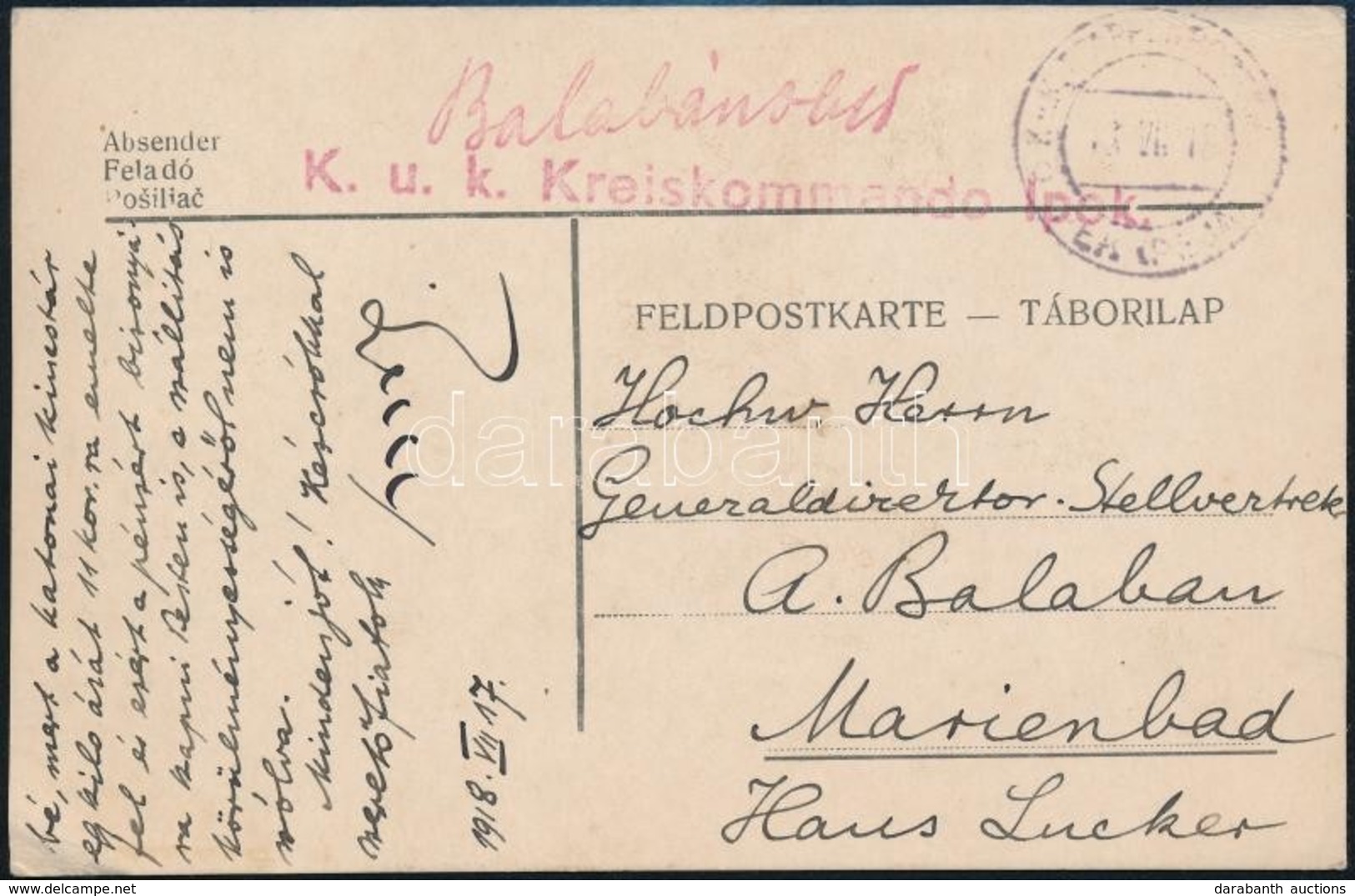 1918 Tábori Posta Levelez?lap / Field Postcard 'K.u.k. Kreiskommando' + 'EP IPEK(PEJA)' - Andere & Zonder Classificatie