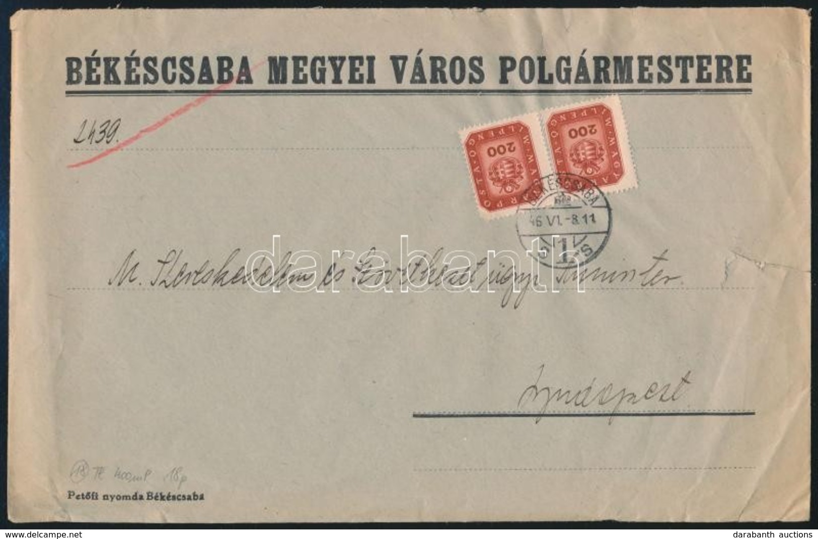 1946 (18. Díjszabás) Távolsági Levél Milpeng?s 2 X 200mP Bérmentesítéssel - Sonstige & Ohne Zuordnung