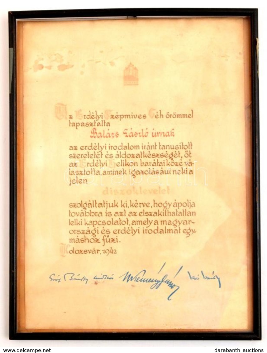1942 Kolozsvár, Az Erdélyi Szépmíves Céh által Ajándékozott Díszoklevél, Nyomtatott Aláírásokkal, Kifakult állapotban, ü - Zonder Classificatie