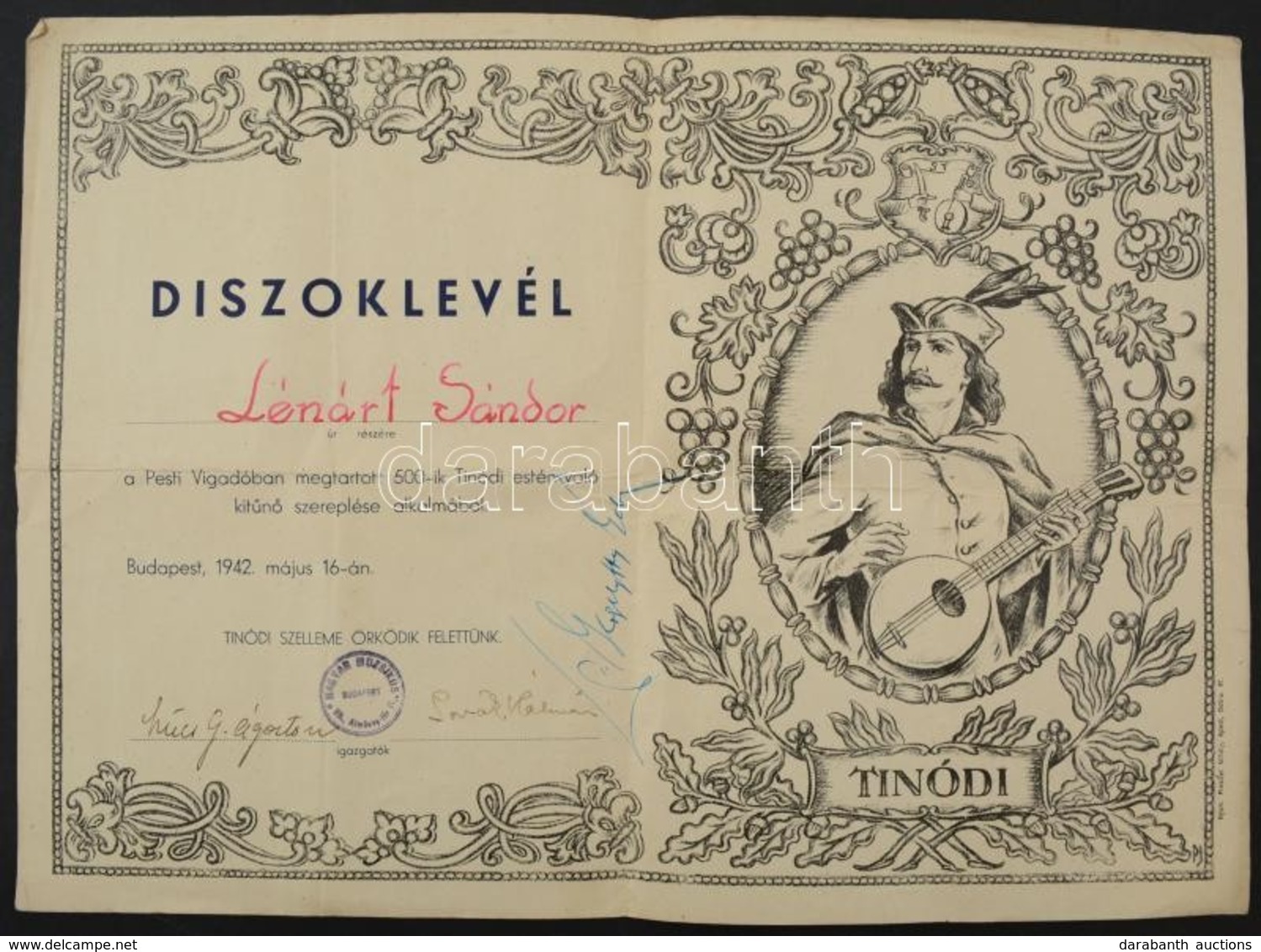 1942 Díszoklevél A Pesti Vigadóban Megrendezett ötszázadik Tinódi-esten Való Kit?n? Szereplésért - Zonder Classificatie