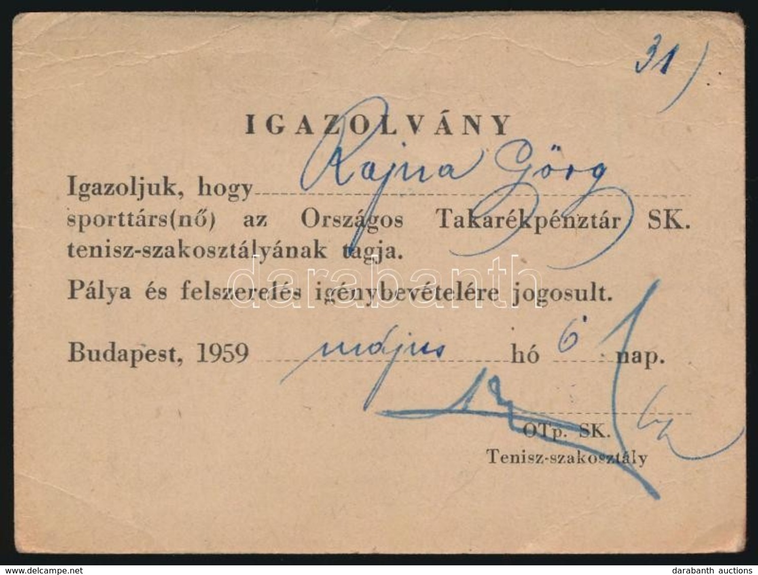 1959 Bp., Az Országos Takarékpénztár SK Tenisz-szakosztálya által Kiállított Igazolvány - Zonder Classificatie