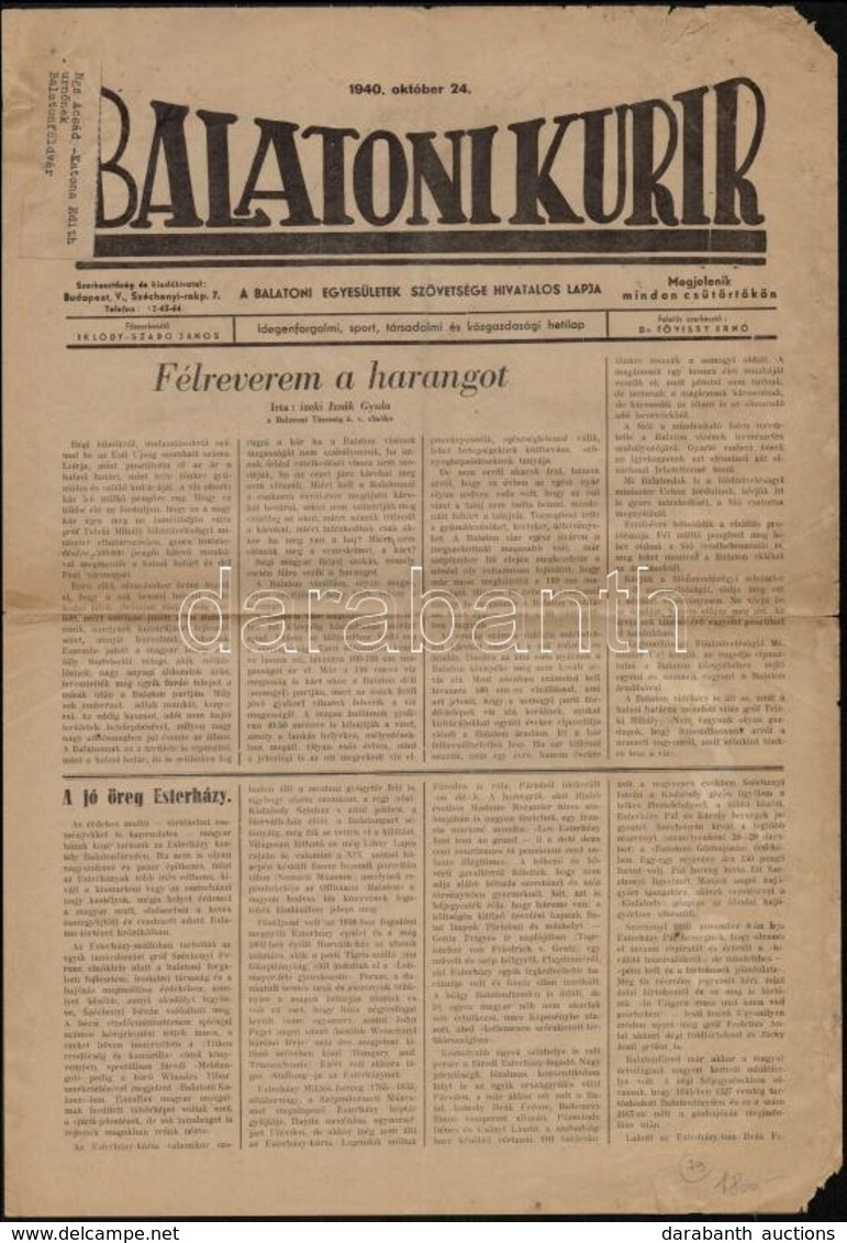 1940 Balatoni Kurir, A Balatoni Egyesületek Szövetsége Hivatalos Lapja Október 24-diki Szám - Zonder Classificatie