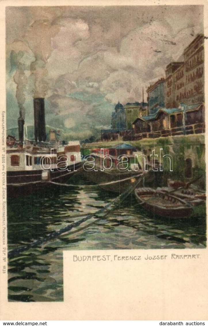 T2 Budapest V. Ferenc József Rakpart, G?zhajó. Kunstanstalt Ottmar Zieher Künstlerpostkarte No. 2600. Litho - Zonder Classificatie