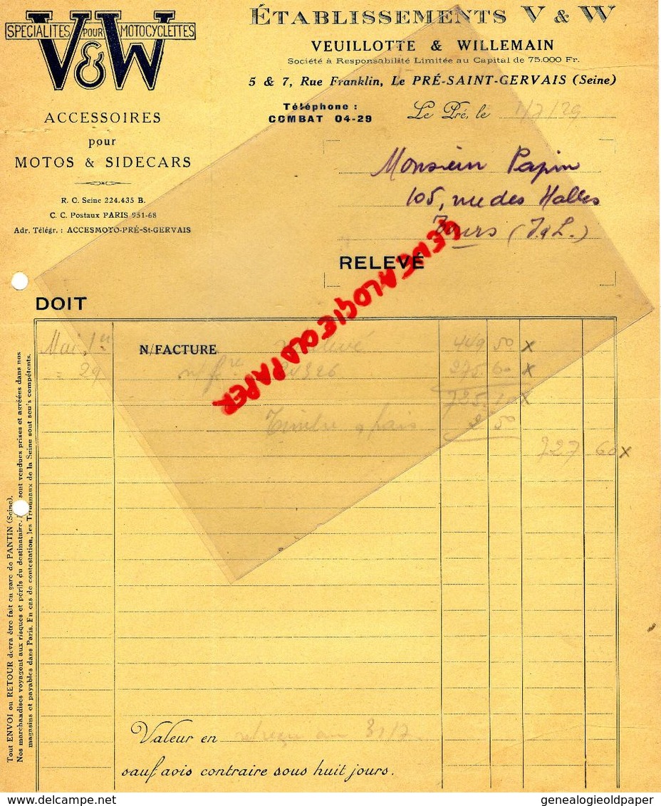 93- LE PRE ST SAINT GERVAIS-FACTURE VEUILLOTTE & WILLEMAIN- ACCESSOIRES POUR CYLES MOTOS- VELO MOTO- 5 RUE FRANKLIN-1929 - Verkehr & Transport