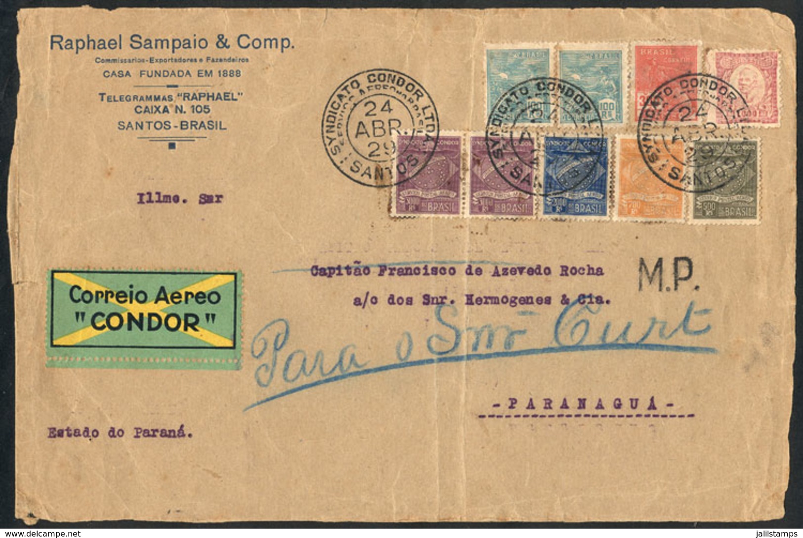 301 BRAZIL: Front Of Airmail Cover Sent Via CONDOR From Santos To Paranaguá On 24/AP/1929 With Fantastic Postage Of 10,7 - Sonstige & Ohne Zuordnung