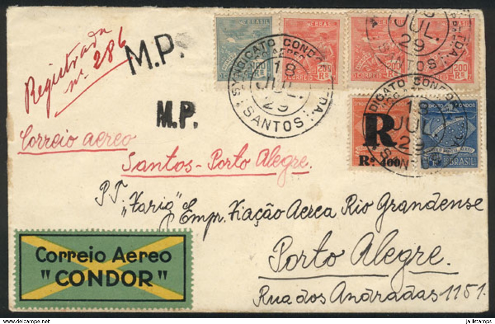 305 BRAZIL: Registered Airmail Cover Sent From Santos To Porto Alegre By CONDOR On 18/JUL/1929, With Very Nice Postage I - Andere & Zonder Classificatie