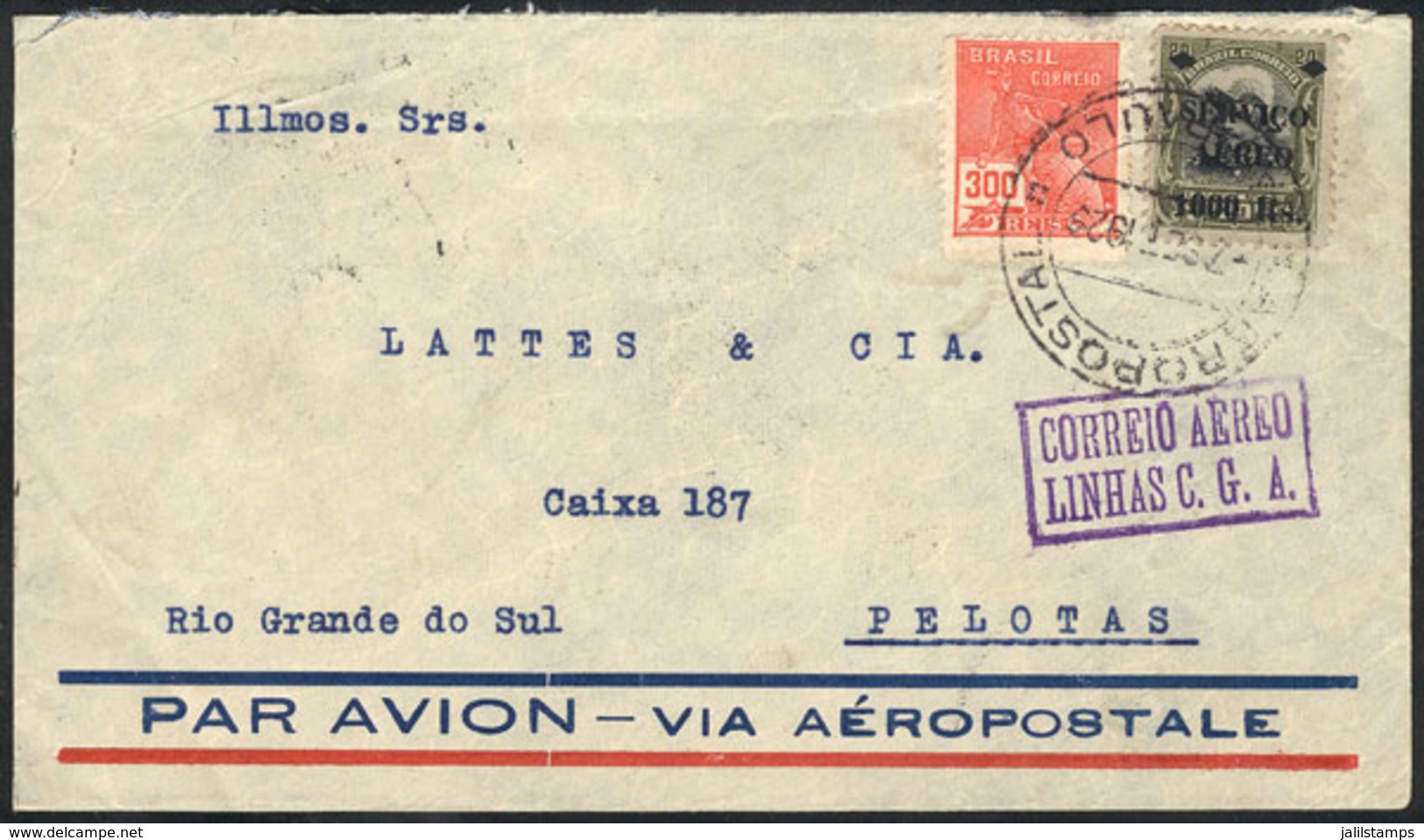 306 BRAZIL: Cover Flown Between Sao Paulo And Pelotas On 7/SE/1929 Via C.G.A., Very Fine Quality! - Sonstige & Ohne Zuordnung