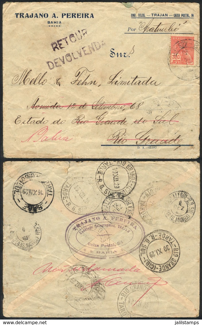 307 BRAZIL: Cover Sent From Bahia To Rio Grande On 22/OC/1929 And RETURNED TO SENDER, With Large Number Of Postal Marks  - Sonstige & Ohne Zuordnung