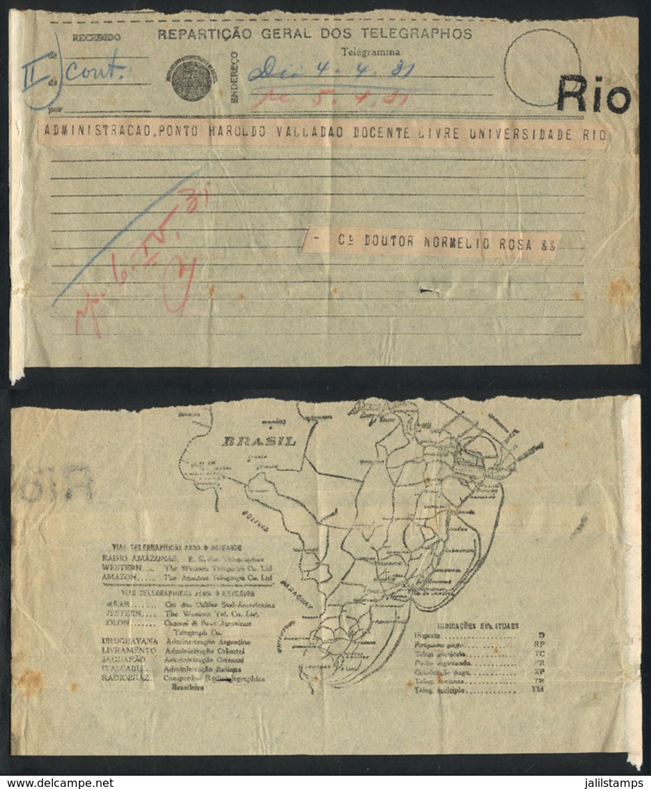 337 BRAZIL: Telegram Of 1931, With Map Printed On Back, Very Thematic! - Andere & Zonder Classificatie