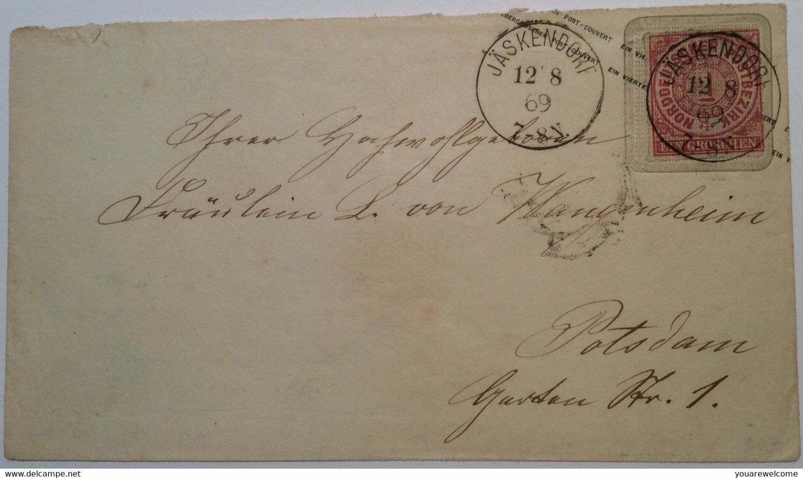 NDP 1868: 1 Gr Ganzsache Brief Preußen 6 Pfg JÄSKENDORF STPL RR !  (Polen Mohrungen Königsberg Poland Cover - Ganzsachen