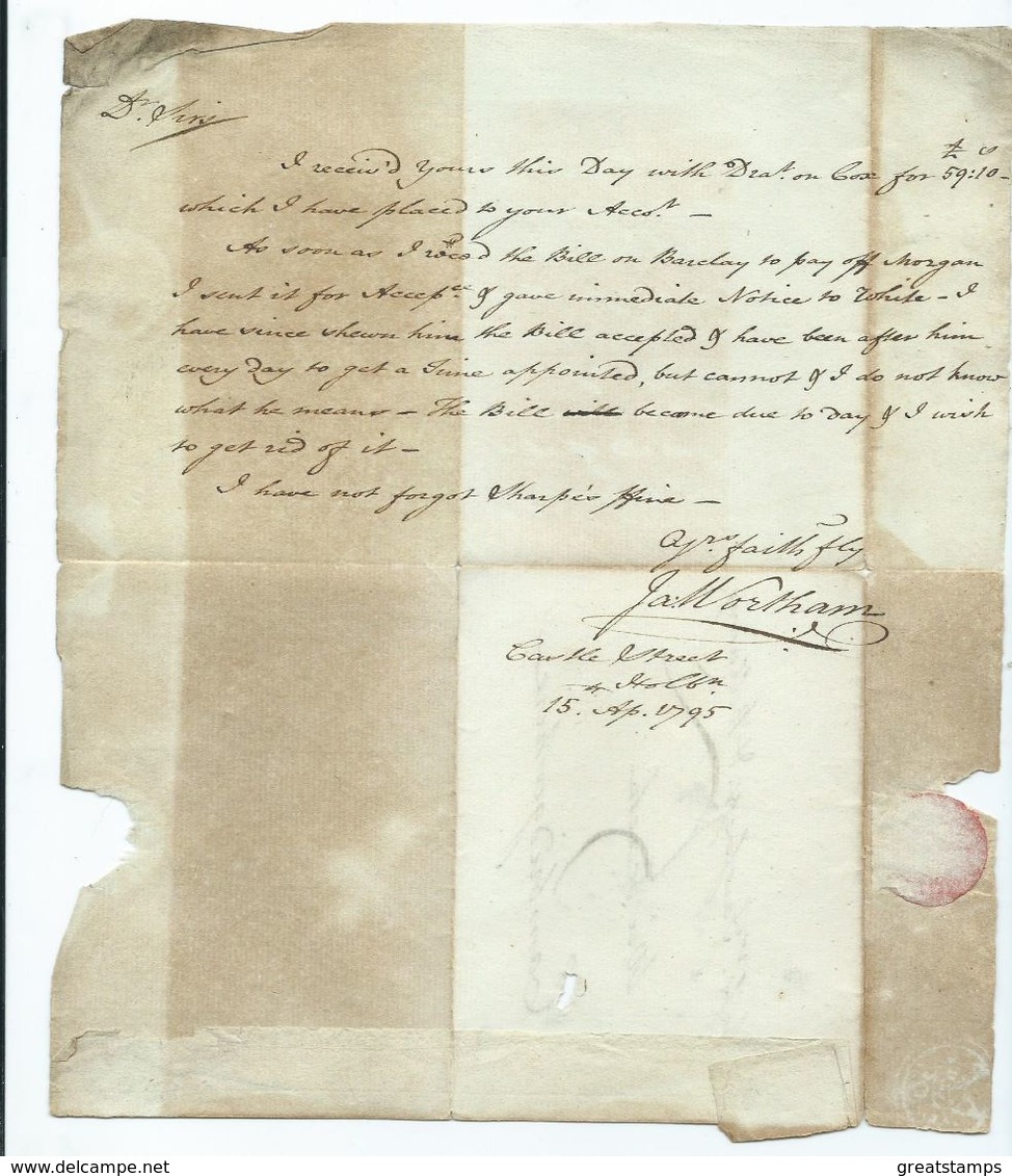 Letter To Cambridgeshire Dated 1795 Bishop Mark. Pre-stamp Postal History - ...-1840 Vorläufer