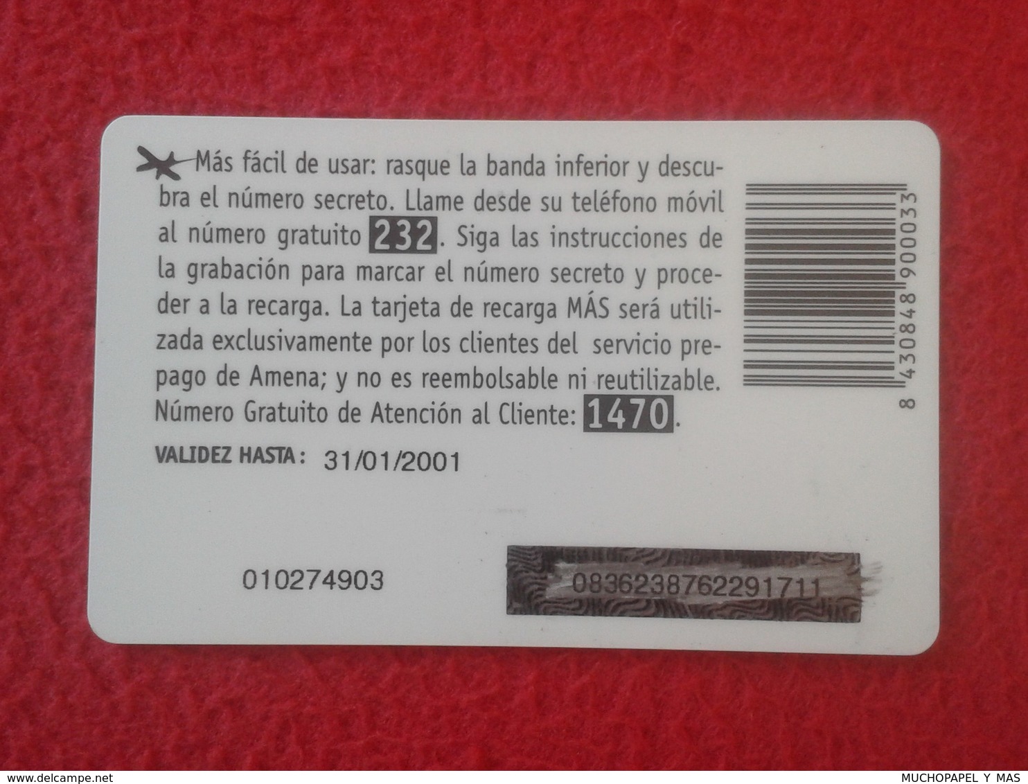 TARJETA TELEFÓNICA CUPÓN DE RECARGA PHONE CARD AMENA RETEVISIÓN ESPAÑA SPAIN 1.000 PESETAS CADUCIDAD 2001 VER FOTO/S Y D - Amena - Retevision