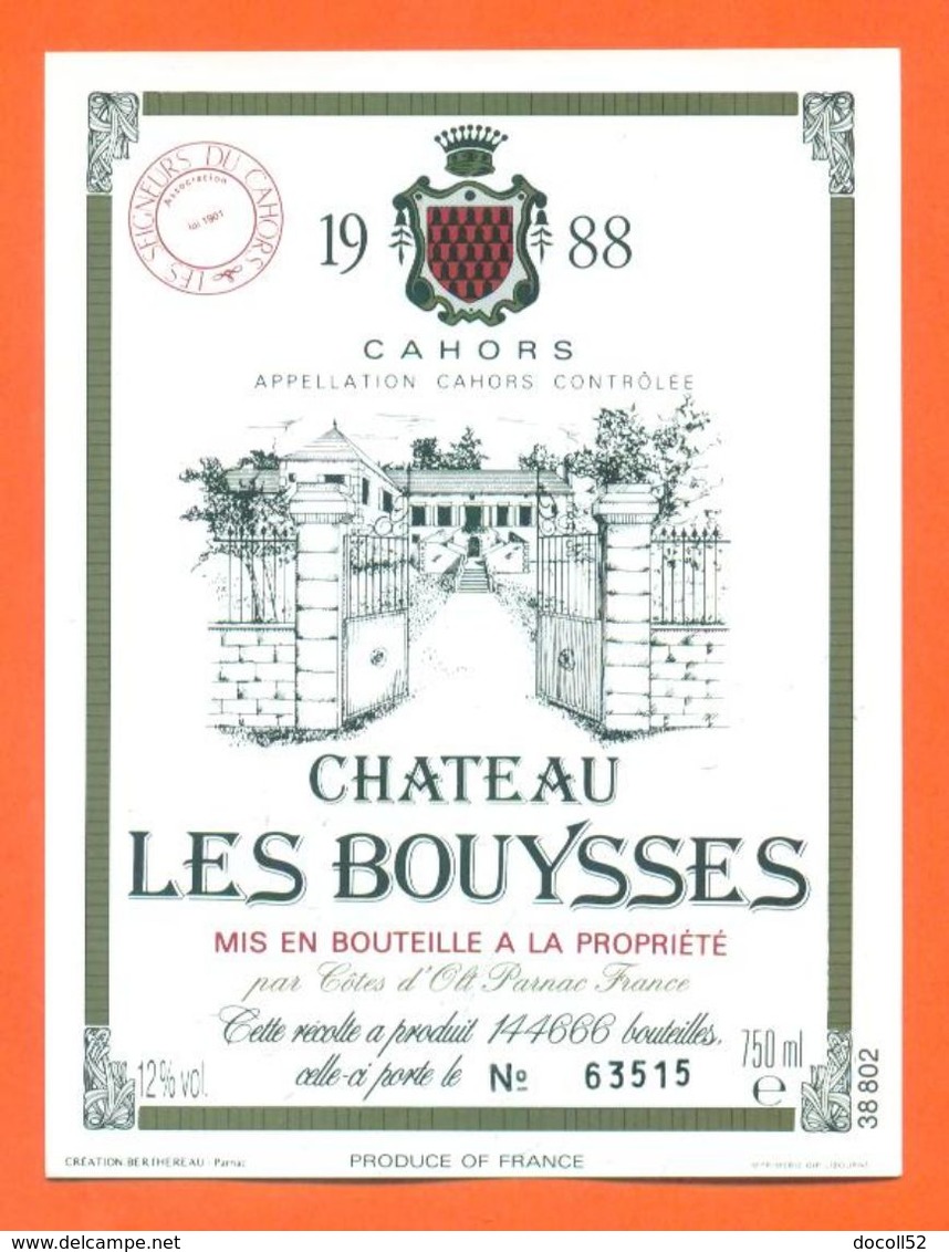 étiquette Vin De Cahors Chateau Les Bouysses 1988 -75 Cl - Cahors