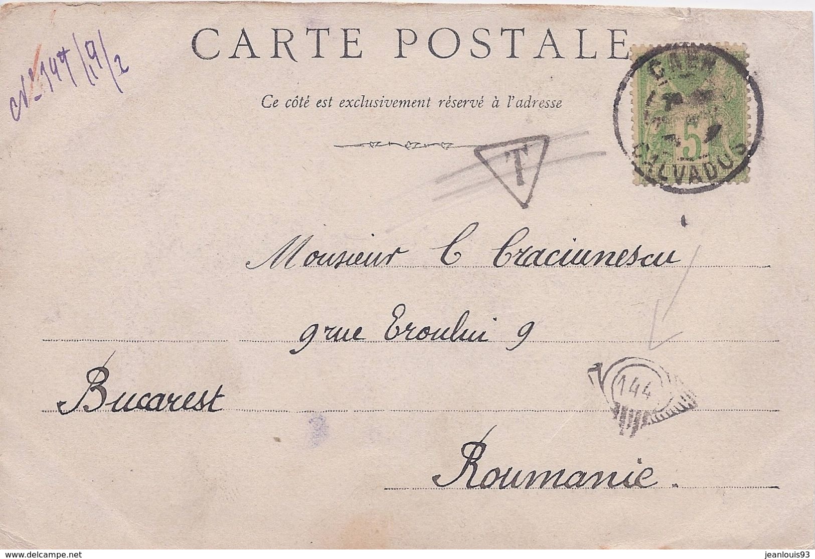 FRANCE - CARTE POSTALE POUR LA ROUMANIE AVEC CACHET DE FACTEUR COR 144 - Briefe U. Dokumente