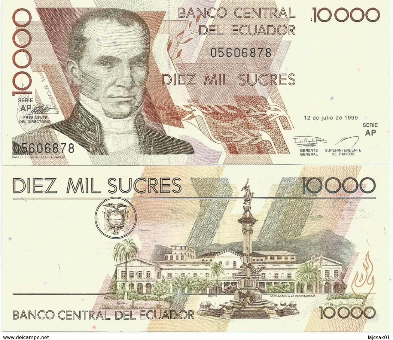 Ecuador 10000 Sucres 1999. UNC 10.000 Sucres - Ecuador