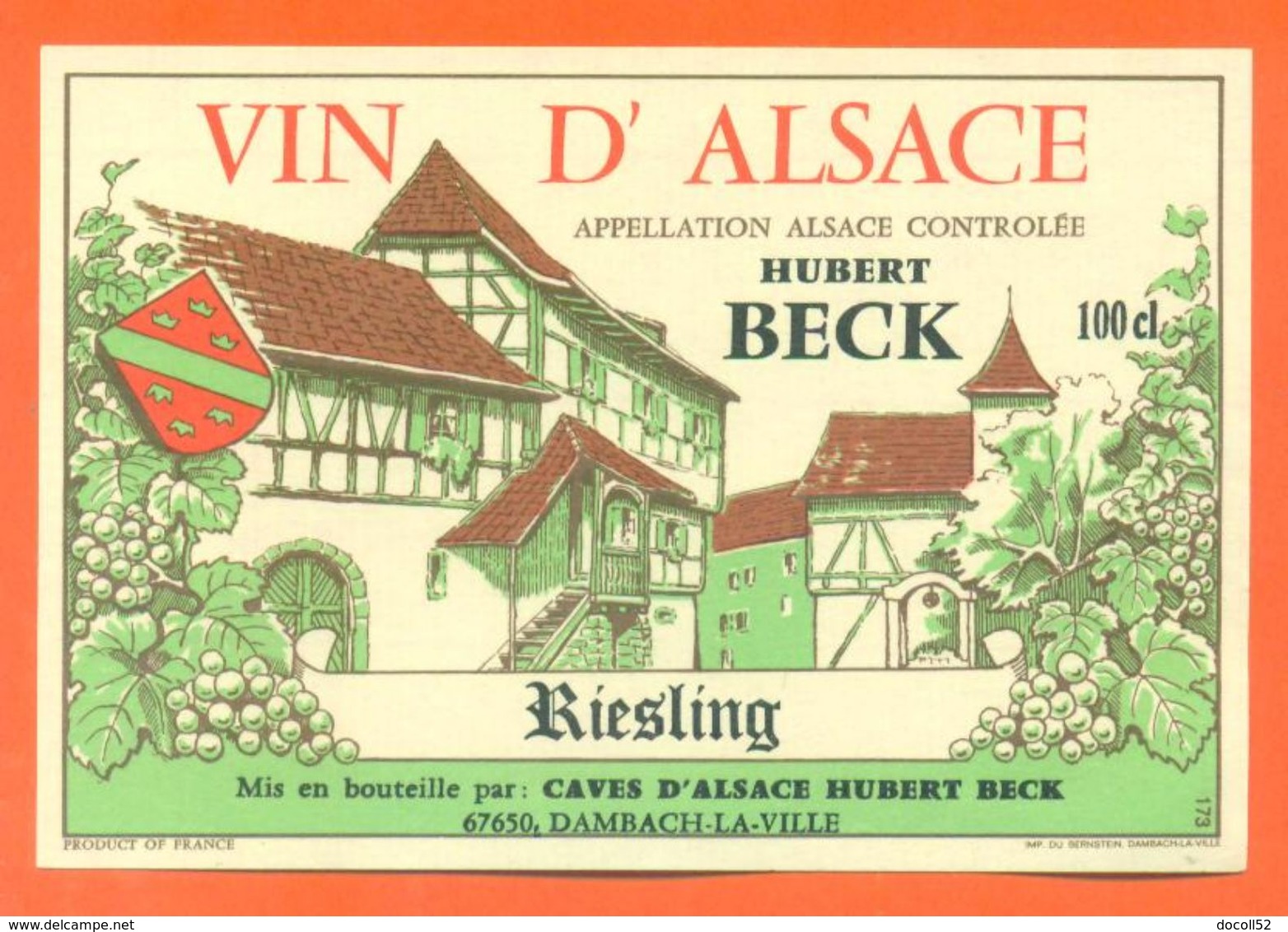 étiquette Ancienne Vin D'alsace Riesling Hubert Beck à Dambach La Ville - 100 Cl - Riesling