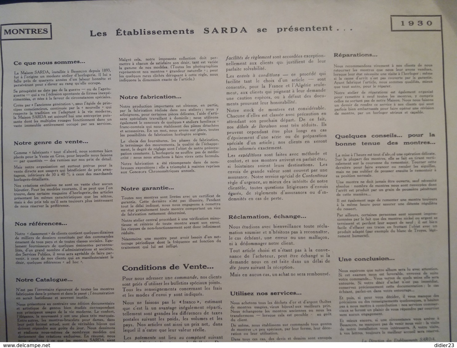 SARDA CATALOGUE 1930 BESANCON  MONTRE CHRONOMÈTRE PENDULETTE  MONTRES AUTOS - Autres & Non Classés