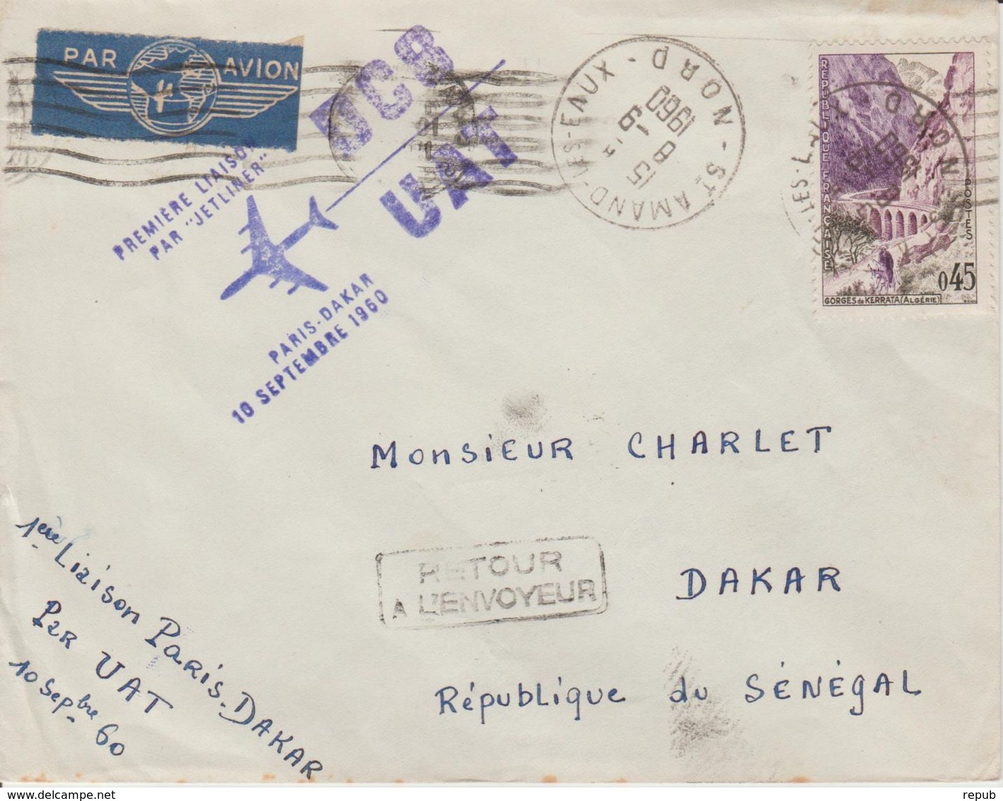 France 1960 Première Liaison Paris-Dakar - Erst- U. Sonderflugbriefe