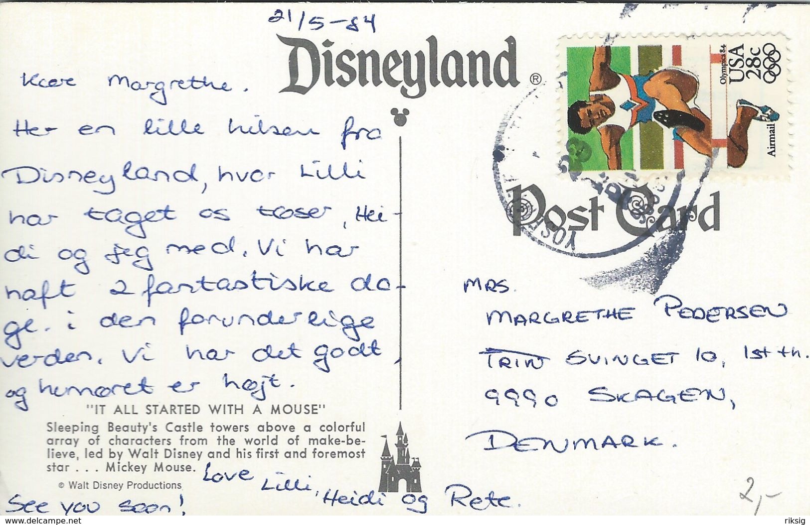 Disneyland - Card Sent To Denmark 1984. S-2381 - Disneyland