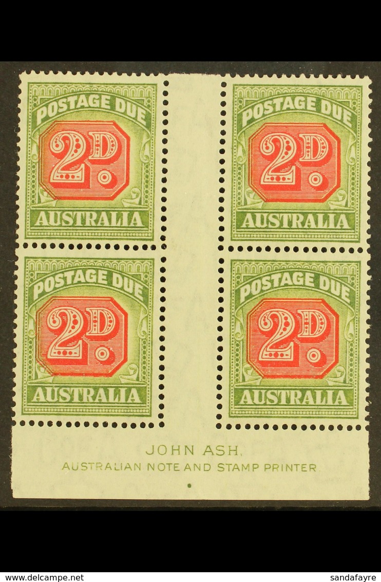 POSTAGE DUE 1946-57 2d Carmine And Green, SG D121, JOHN ASH Imprint Block Of Four, Very Fine Mint. (4 Stamps) For More I - Sonstige & Ohne Zuordnung