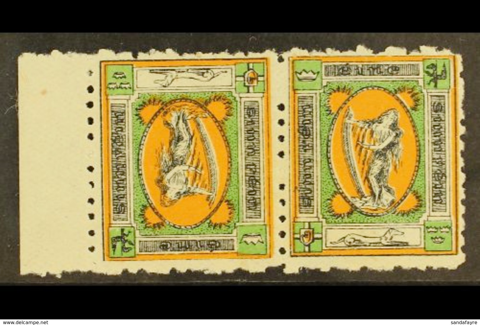 FORERUNNER RARITY 1907-16 Sinn Fein "Hibernia", Broad Crown Perf 11¼, Horizontal Marginal TETE BECHE PAIR (Hib. L17b), F - Autres & Non Classés