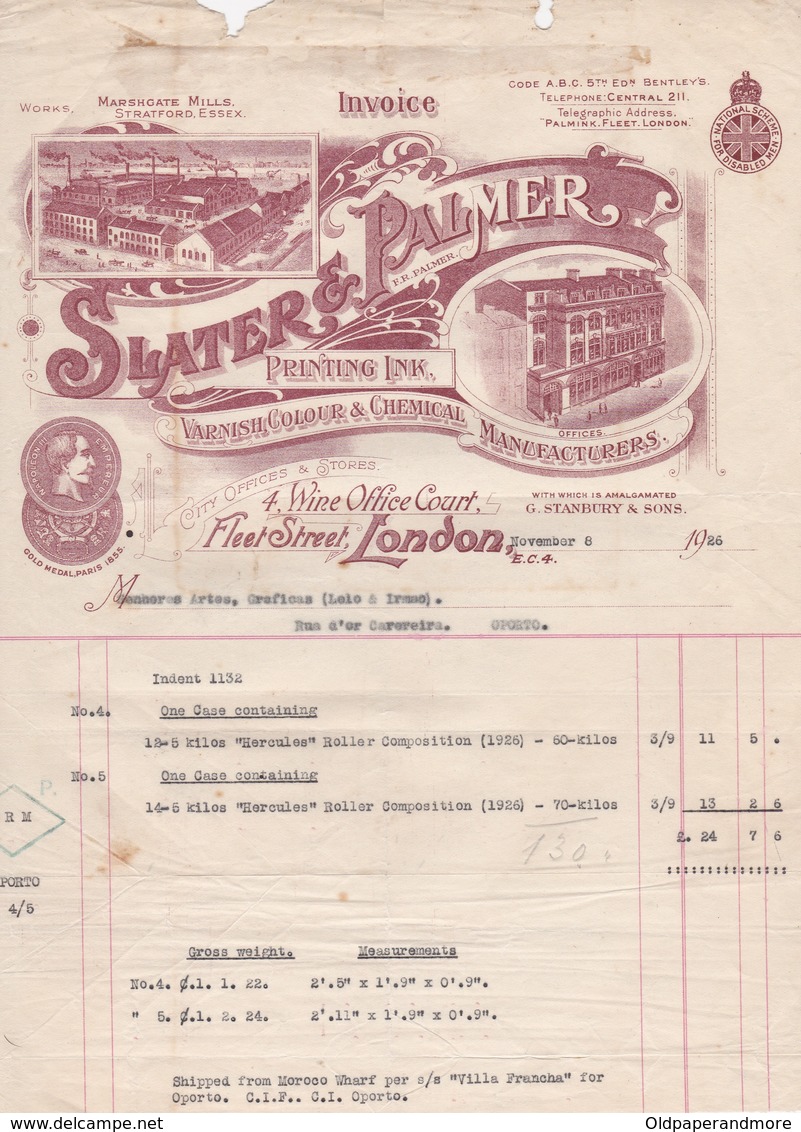 ENGLAND - LONDON  - COMMERCIAL INVOICE -  SLATER & PALMER - VARNISH, COLOUR & CHEMICAL MANUFACTURERS - 1926 - Ver. Königreich