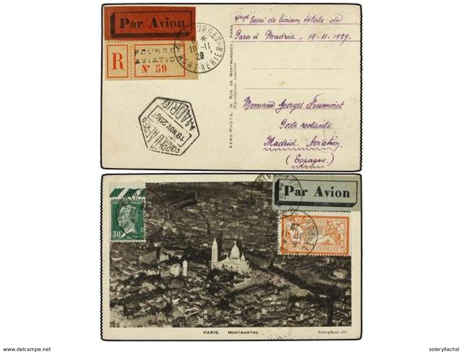 354 ESPAÑA. 1929 (19- Nov). LE BOURGET A MADRID. <B>30 Cts.</B> Y <B>2 Fr</B>. Circulada Por Correo Aéreo, Llegada El Mi - Sonstige & Ohne Zuordnung