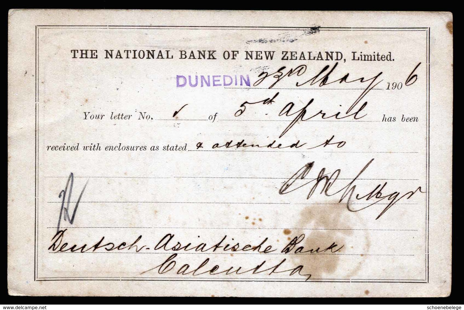 A5370) Neuseeland New Zealand Bankkarte 23.05.06 N. Calcutta / India - Storia Postale