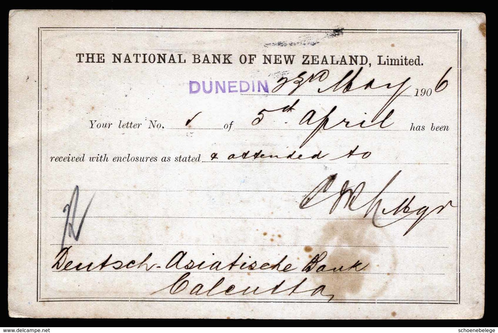 A5370) Neuseeland New Zealand Bankkarte 23.05.06 N. Calcutta / India - Cartas & Documentos