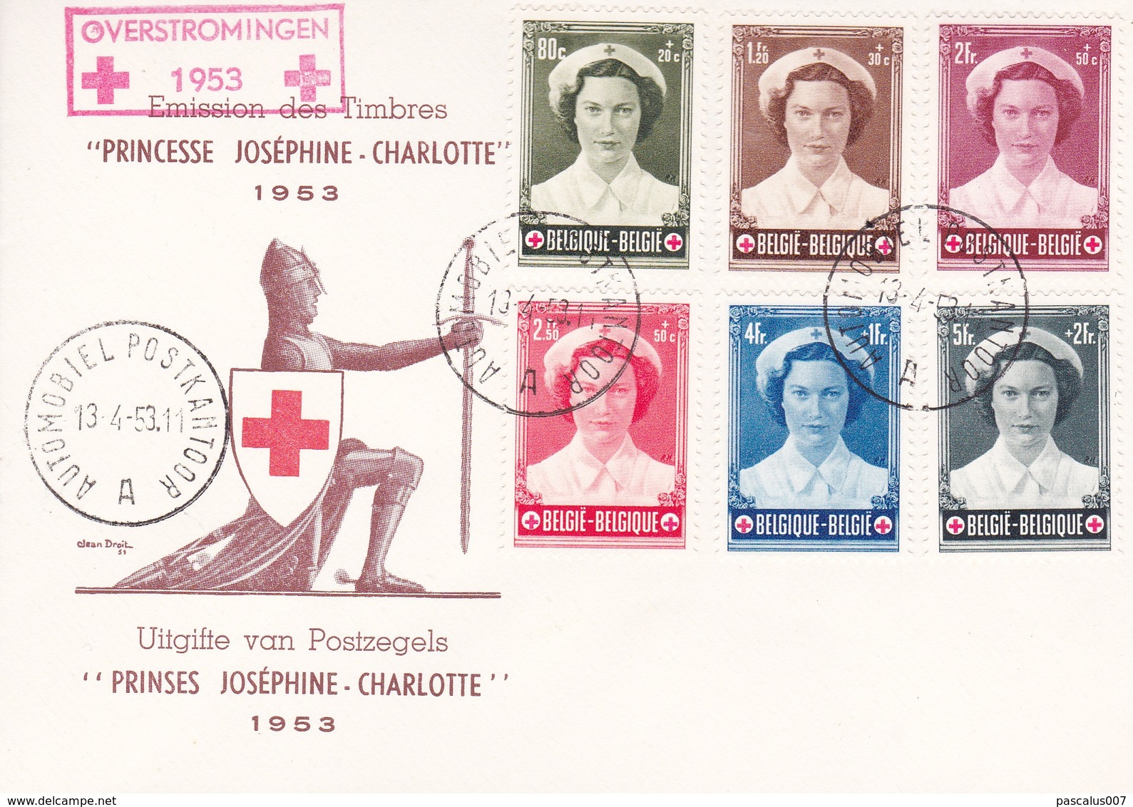 912 917 PC  Commémoratif  Overstromingen Inondations Croix-Rouge Joséphine Charlotte Princesse 13-4-1953 A Automobiel P - Ohne Zuordnung