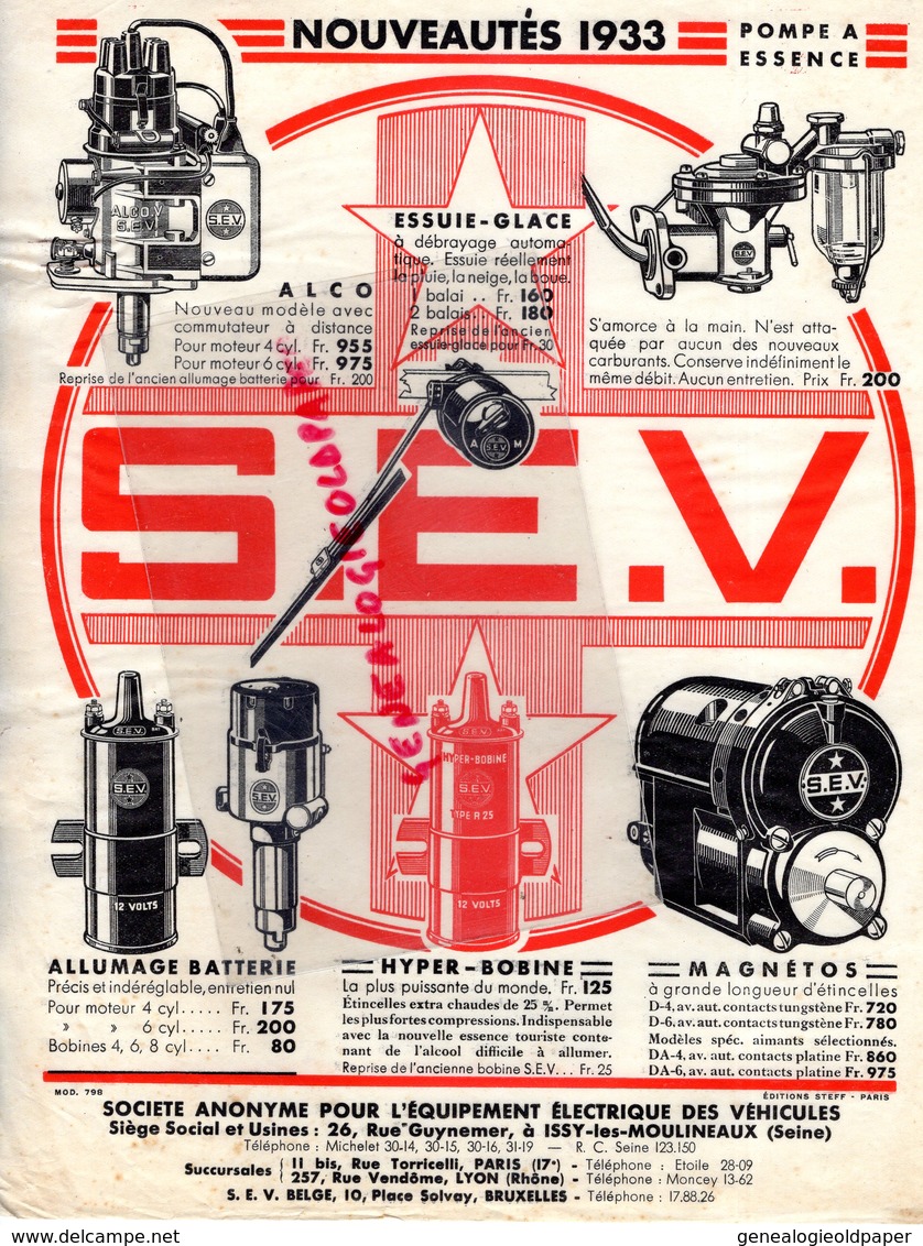 92- ISSY LES MOULINEAUX- PUBLICITE S.A. EQUIPEMENT ELECTRIQUE VEHICULES-26 RUE GUYNEMER- ALCO-MAGNETO-S.E.V.-1933 - Cars