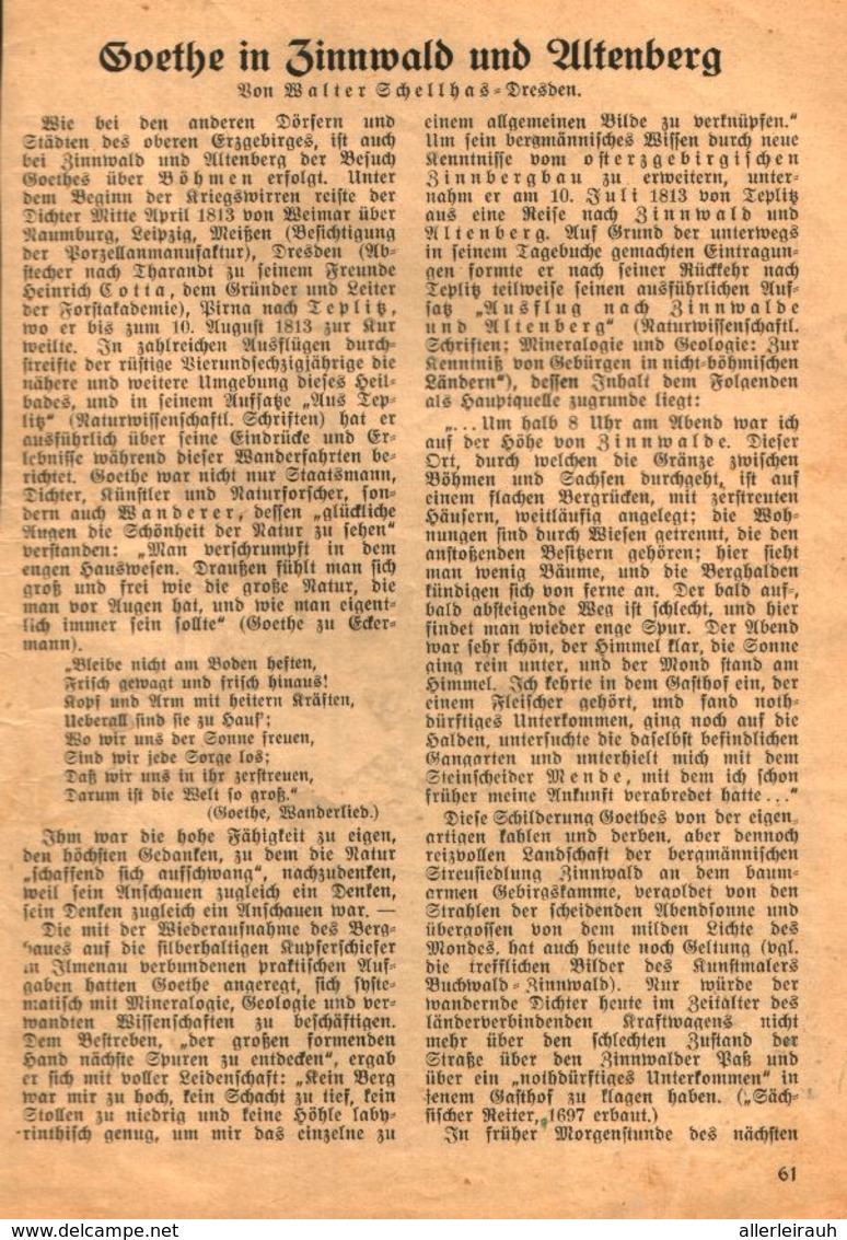 Goethe In Zinnwald Und Altenberg / Artikel, Entnommen Aus Kalender / 1933 - Colis