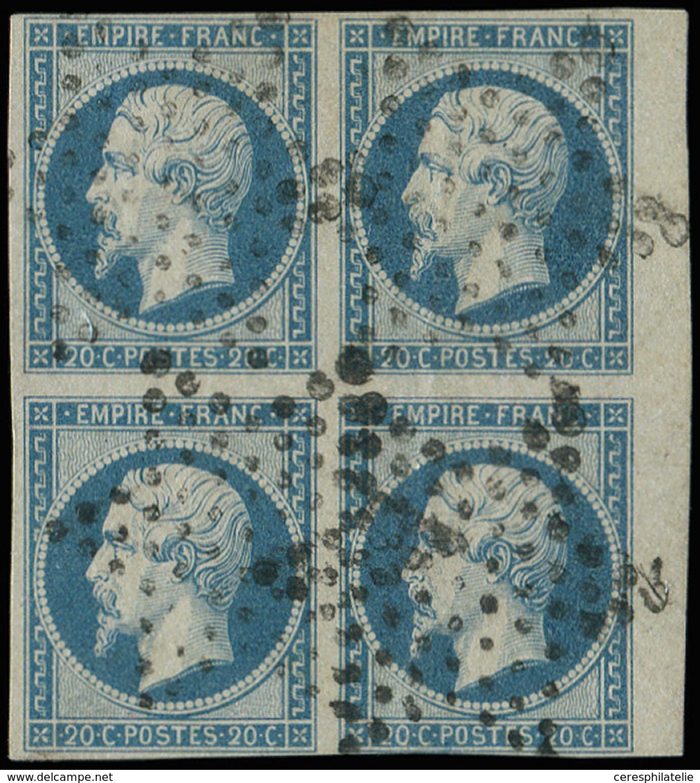 EMPIRE NON DENTELE 14A  20c. Bleu, T I, BLOC De 4 Petit Bdf, Obl. Etoile, Marge Fine En Un Point, Sinon TTB - 1853-1860 Napoleone III