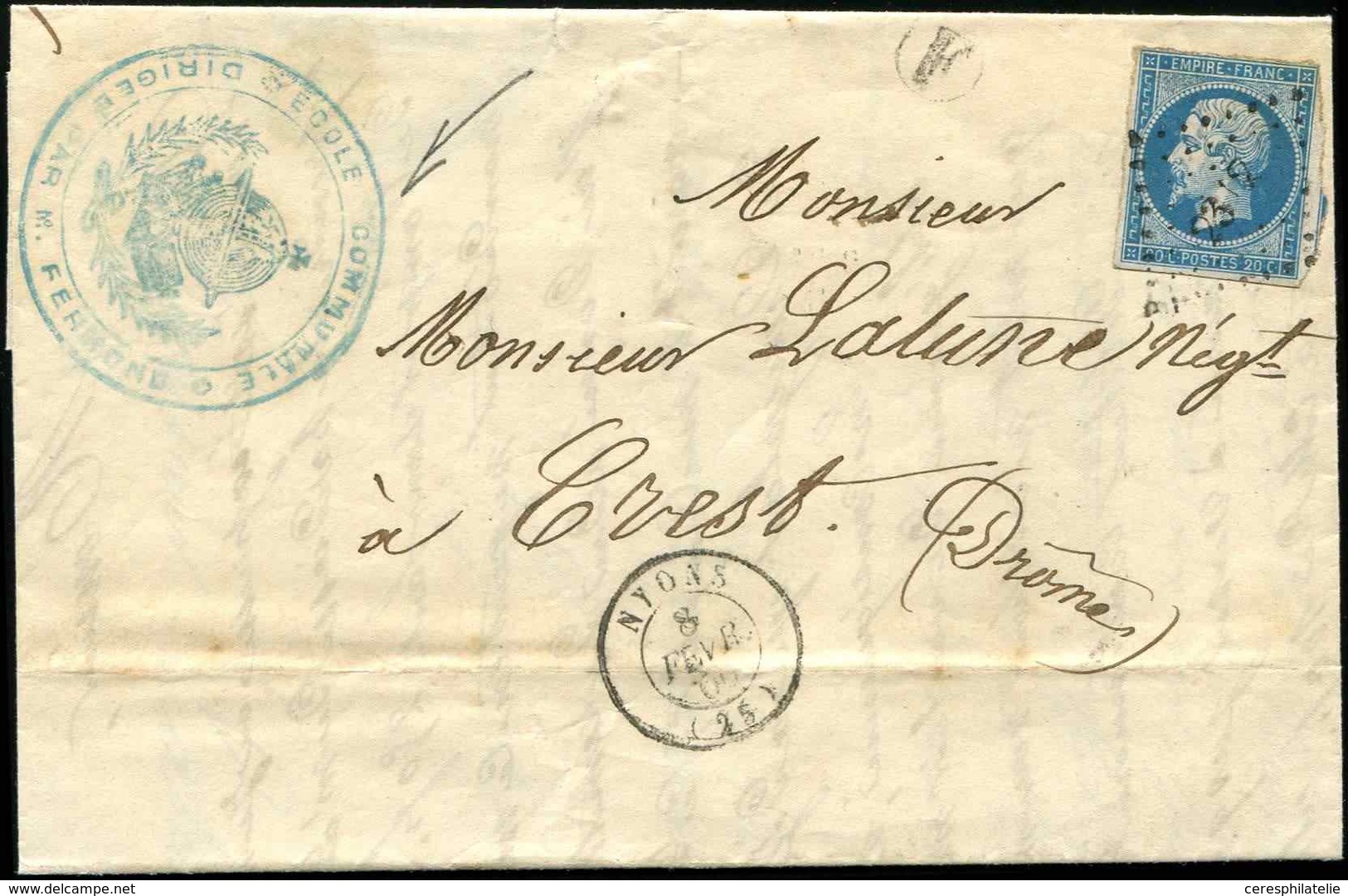 Let EMPIRE NON DENTELE 14A  20c. Bleu, T I, Obl. PC 2312 S. LAC, Càd T15 NYONS 8/2/60 Et Grand Cachet Bleu Illustré Ecol - 1853-1860 Napoleone III