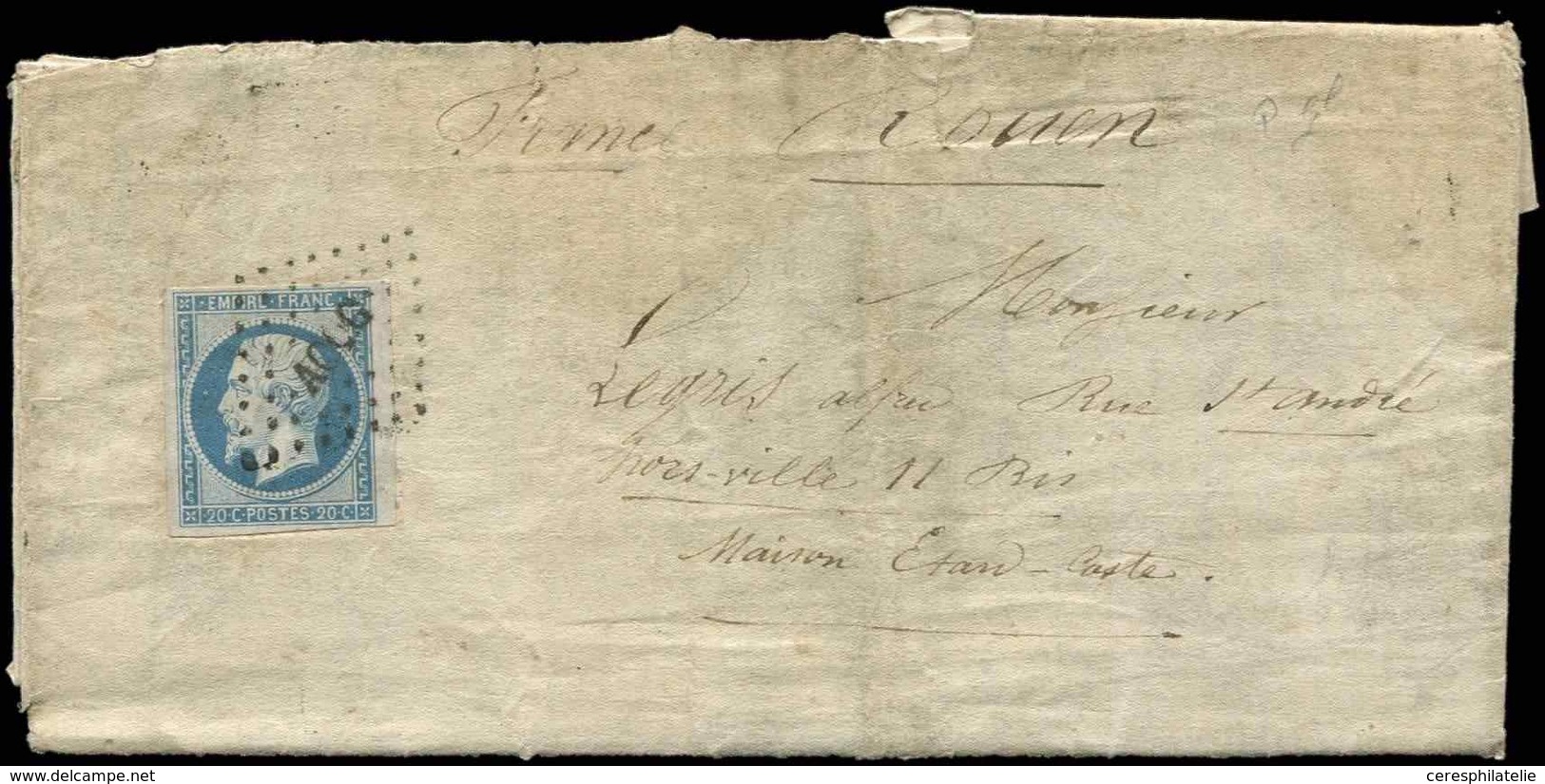 Let EMPIRE NON DENTELE 14A  20c. Bleu, T I, Obl. Los. AOQG S. Lettre Avec Longue Correspondance Datée 5/3/55 "Grand Quar - 1853-1860 Napoleone III