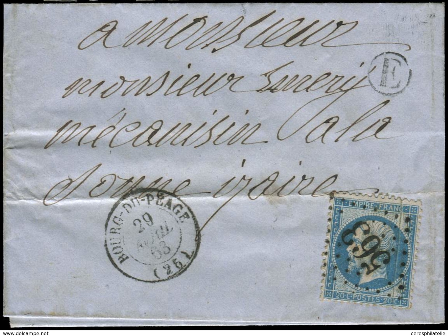 Let EMPIRE DENTELE 22   20c. Bleu PLI ACCORDEON, Obl. GC 563 S. LAC, Càd T15 BOURG De PEAGE 29/4/63 Et Boite E, TB - 1862 Napoleone III