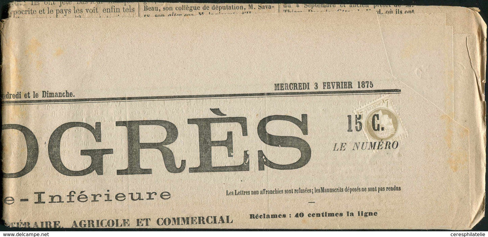 Let CERES DENTELE 52    4c. Gris, Obl. TYPO S. Journal LE PROGRES Du 3/2/75, TB - 1849-1876: Periodo Classico