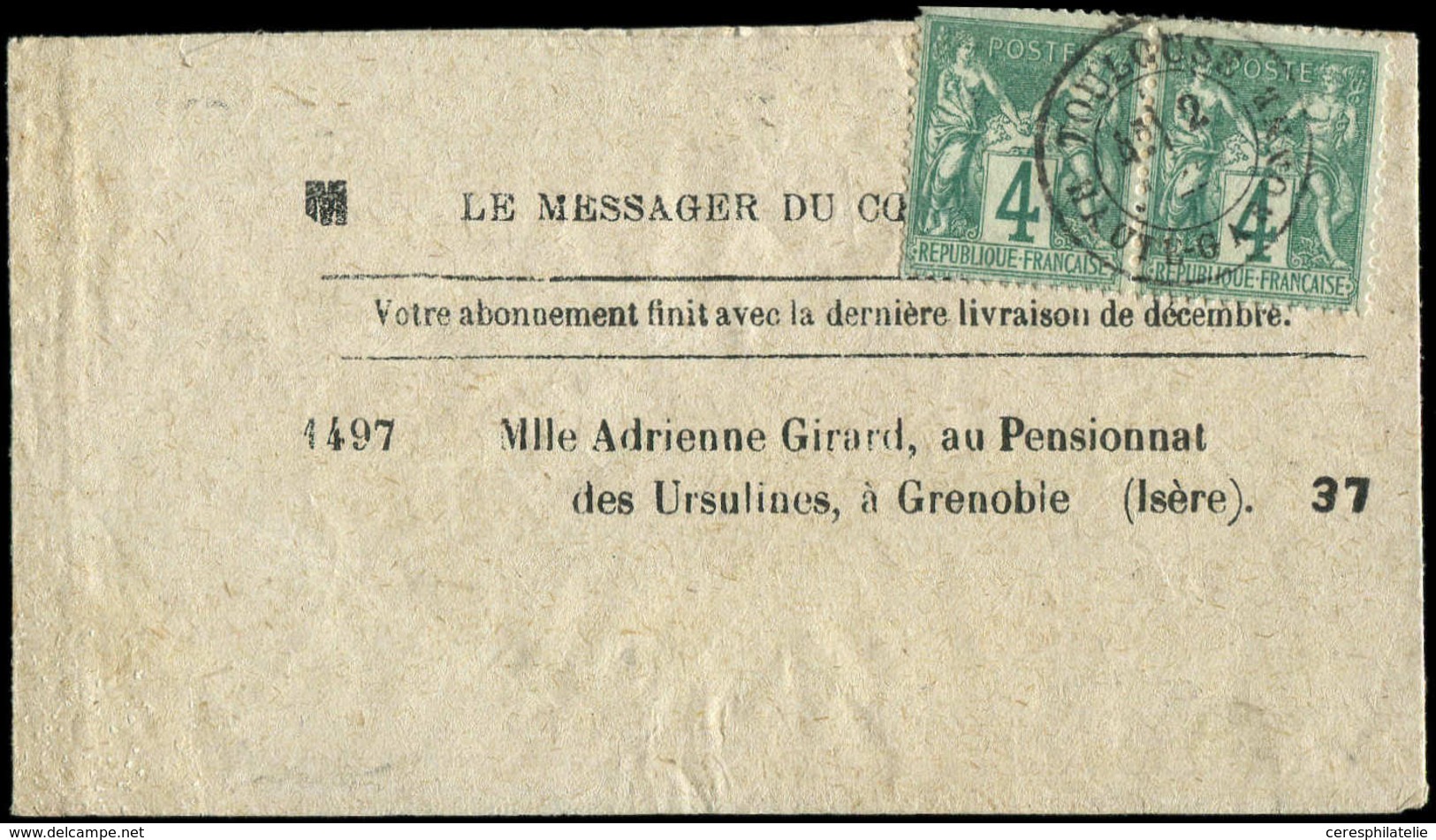 Let TYPE SAGE SUR LETTRES N°63 PAIRE Obl. Càd TOULOUSE 2/4/77 Sur Bande "Le Messager Du Coeur De Jésus", TB - 1877-1920: Periodo Semi Moderno