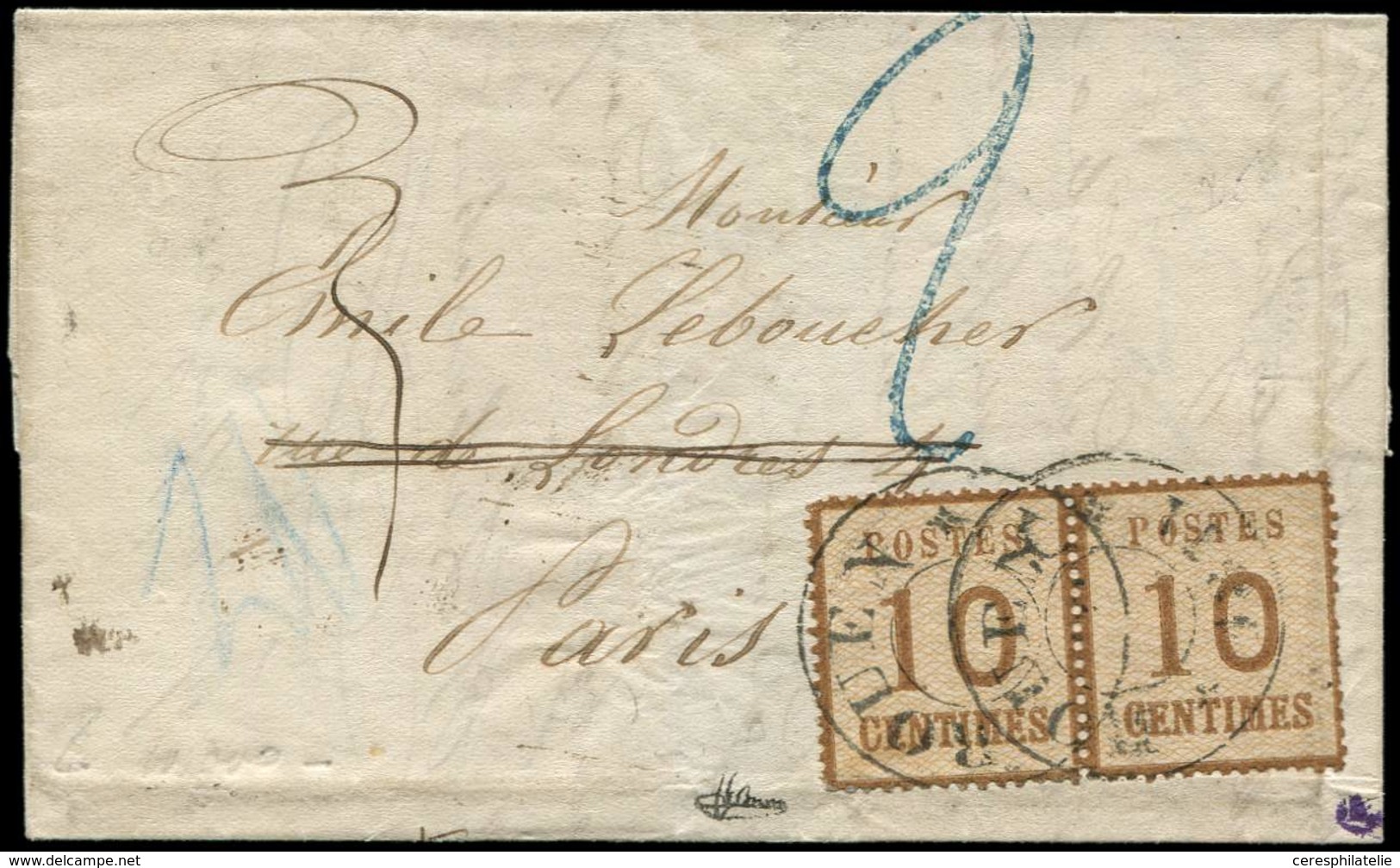 Let ALSACE-LORRAINE 5b  10c. Bistre, PAIRE Burelage Renversé, Obl. Càd SPECIAL ROUEN 1871 S. LAC Pour Paris Avec Taxe Al - Storia Postale