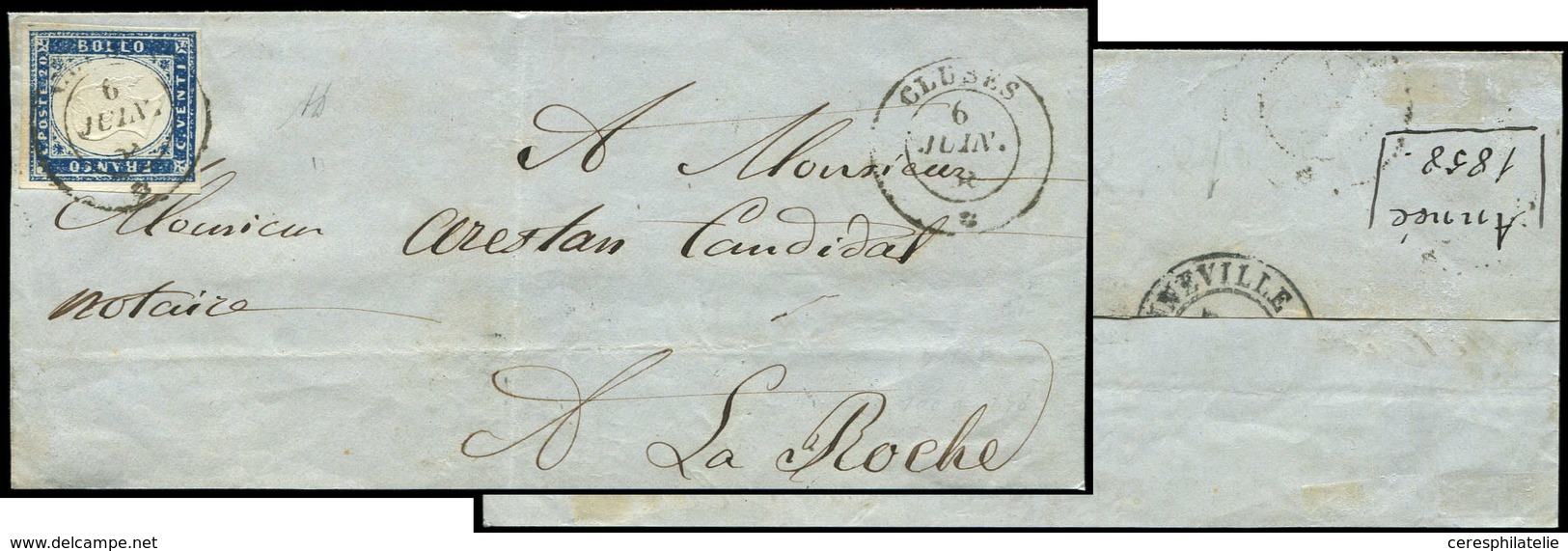 Let DUCHE DE SAVOIE Oblitérations Sur Timbres Sardes N°12 Obl. Càd Sarde CLUSES 6/6/58 S. DL Avec Rabat, Arr. BONNEVILLE - 1849-1876: Periodo Classico