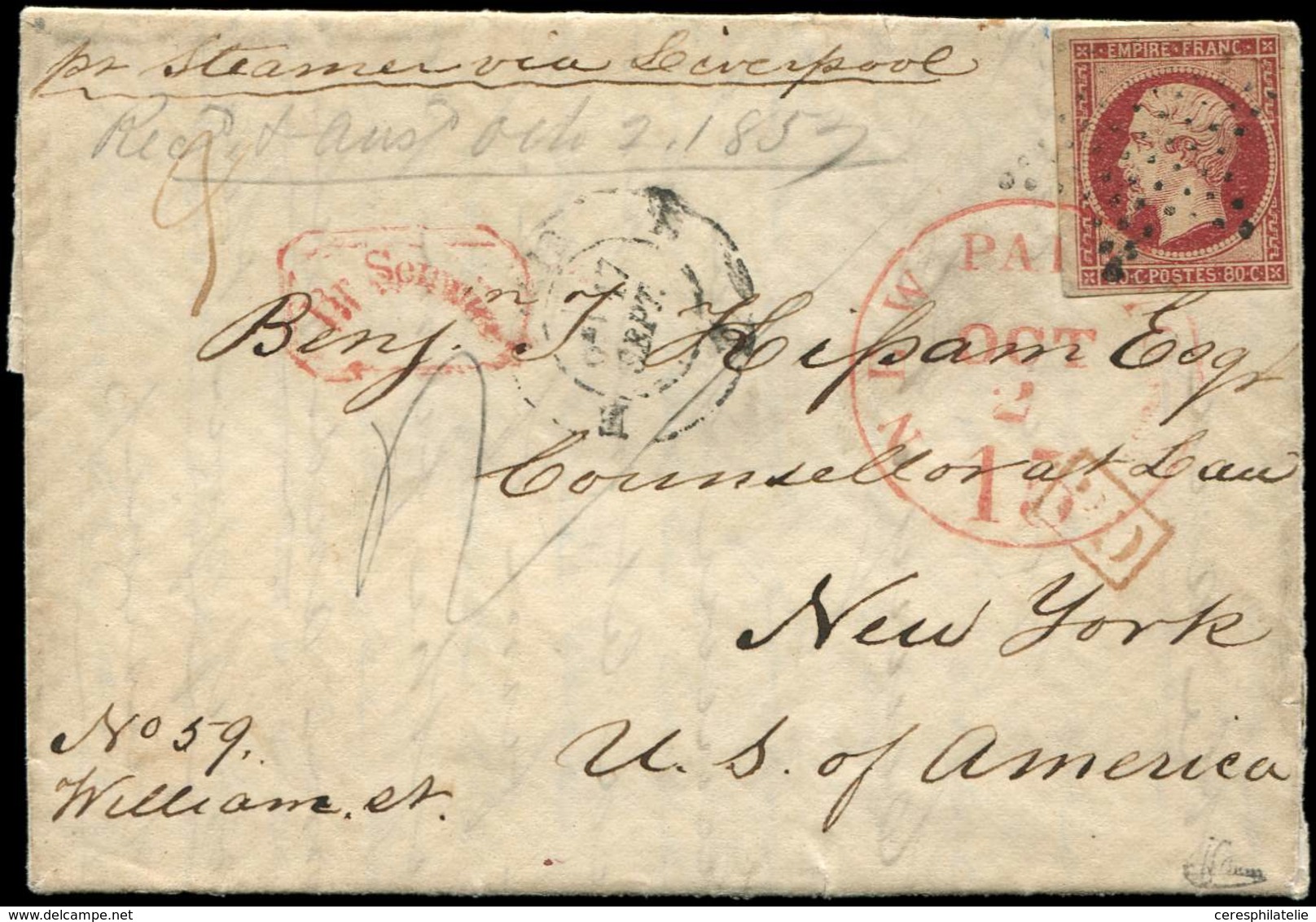 Let LETTRES DE PARIS N°17A Obl. ETOILE PLEINE S. LAC, Càd T1521 E PARIS E 17/9/57, Arr. NEW-YORK 2/10, TB. J - 1849-1876: Periodo Clásico