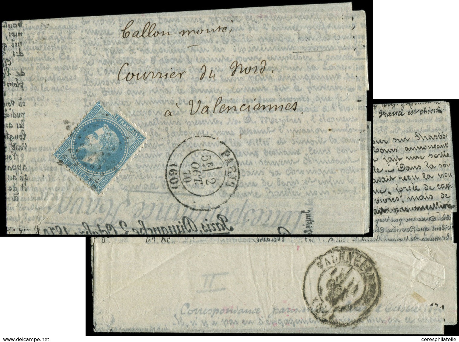 Let BALLONS MONTES N°29B Déf. Obl. Etoile S. Agence HAVAS Incomplète, Càd 2/10/70, Arr. VALENCIENNES 11/10, B/TB. L'ARMA - Guerra Del 1870