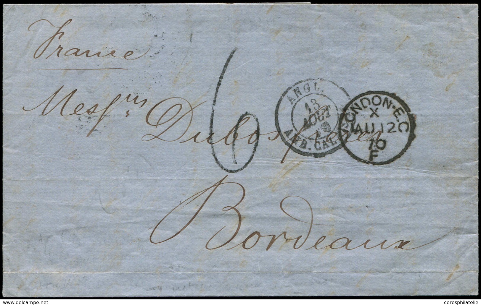 Let Guerre De 1870  LAC De HAMBOURG Du 8/8/70 Acheminée Et Postée à LONDON Càd 12/8, Taxe 6, Càd ANGL. AMB. CALAIS 13/8  - Guerra Del 1870