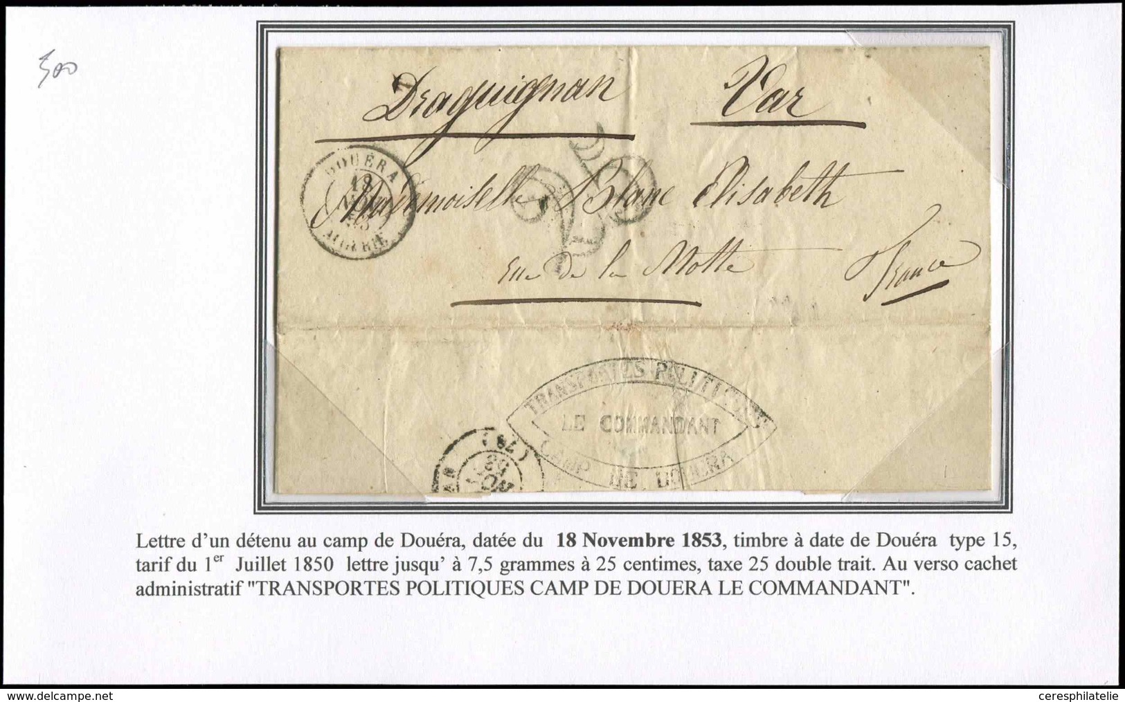 Let LETTRES ET OBLITERATIONS D'ALGERIE Càd DOUERA 18/11/53 Sur LAC D'un Détenu Du Camp De DOUERA, Taxe 25, Au Verso Cach - 1849-1876: Periodo Classico