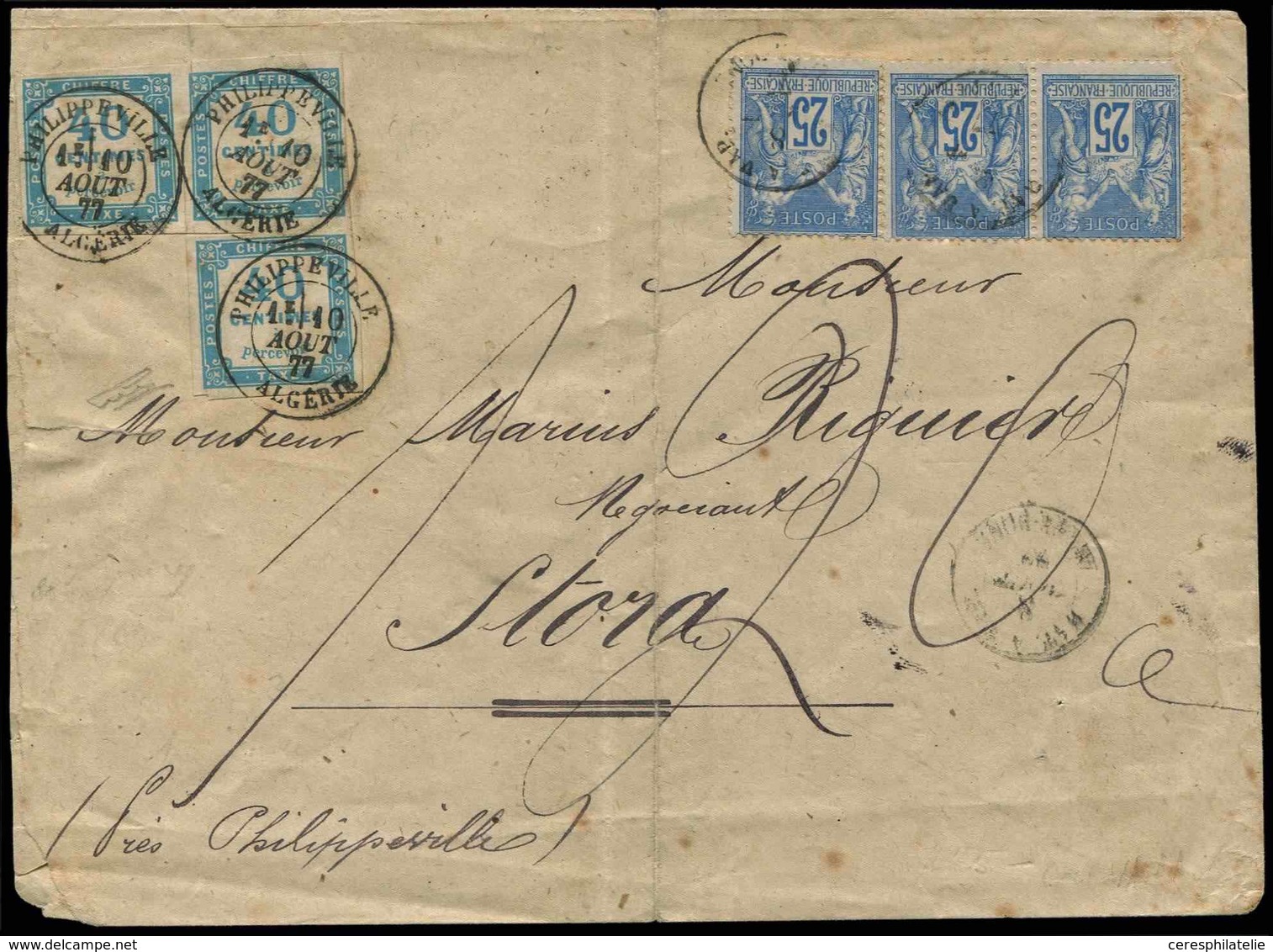 Let TAXE 7   40c. Bleu, EQUERRE De 3 Obl. Càd PHILIPPEVILLE ALGERIE 10/8/77 S. Env. Affr. N°79 BANDE De 3 Obl. BAT A VAP - 1859-1959 Usati