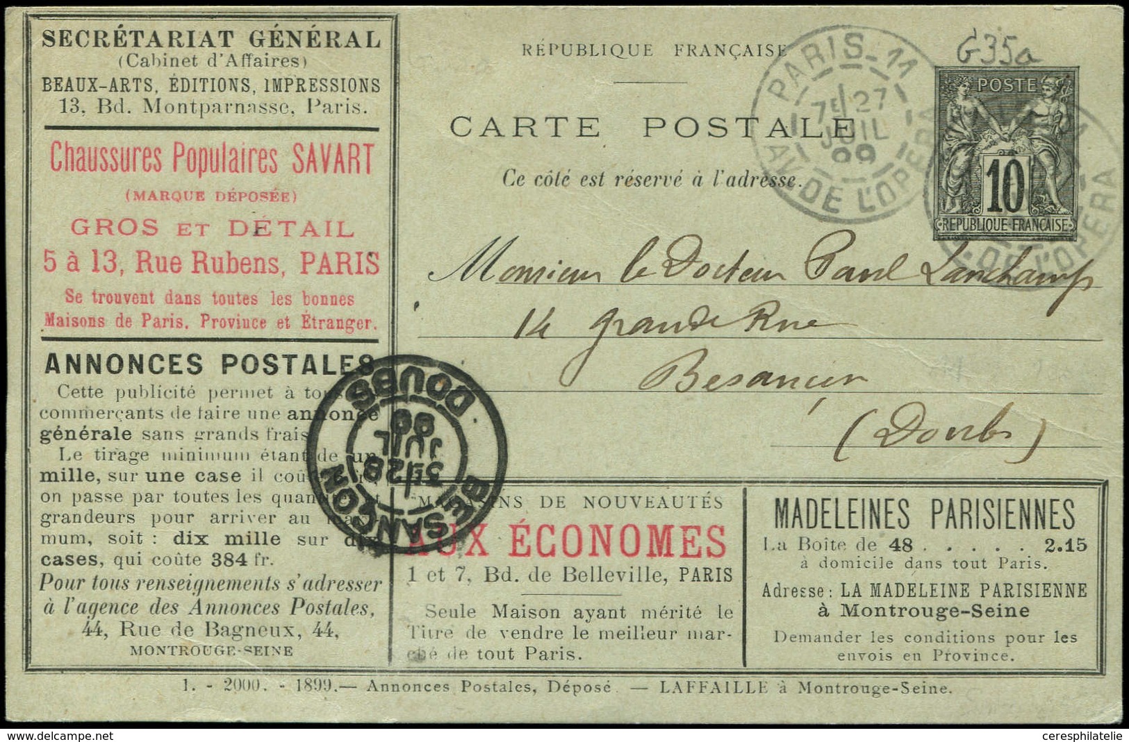 Let ENTIERS POSTAUX Sage, 10c. Noir, CP Annonces TSC N°G35a, Laffaille, S. 1, Obl. 27/7/99, R Et TB - Altri & Non Classificati