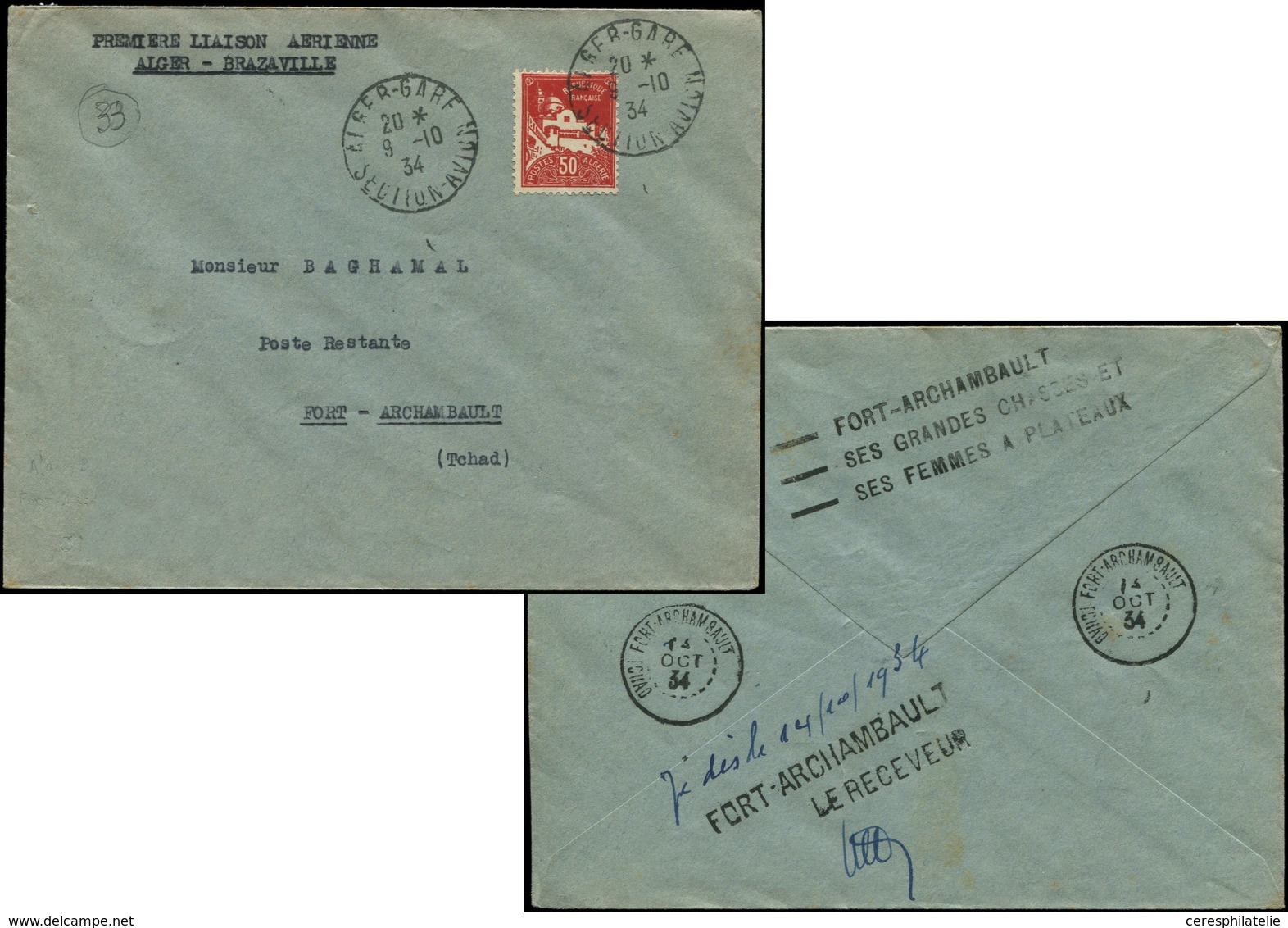 Let ALGERIE 79A : 50c. Rouge Obl. ALGER-GARE 9/10/34 Sur Env. 1er Vol ALGER-BRAZZAVILLE, Arr. Fort Archambault Le 14/10, - Other & Unclassified