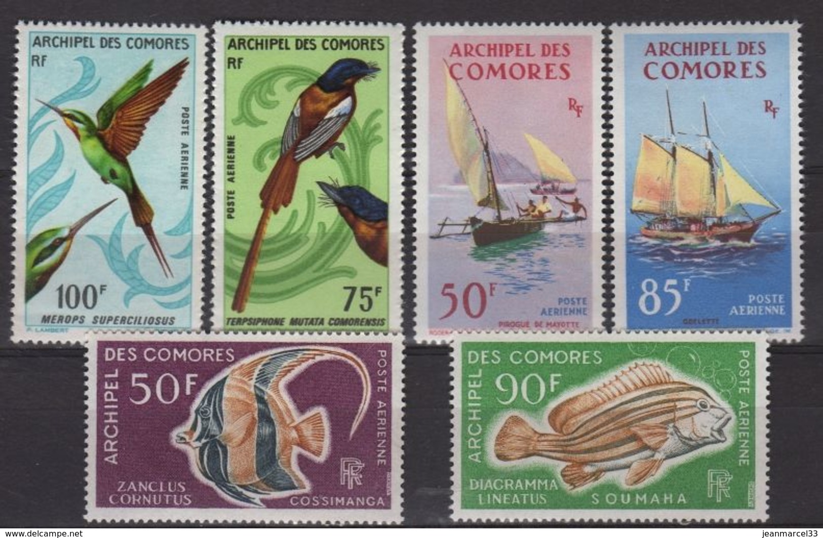 Comores, 6 Timbres Neufs Sans Charnière, Oiseaux, Voiliers, Poissons - Airmail